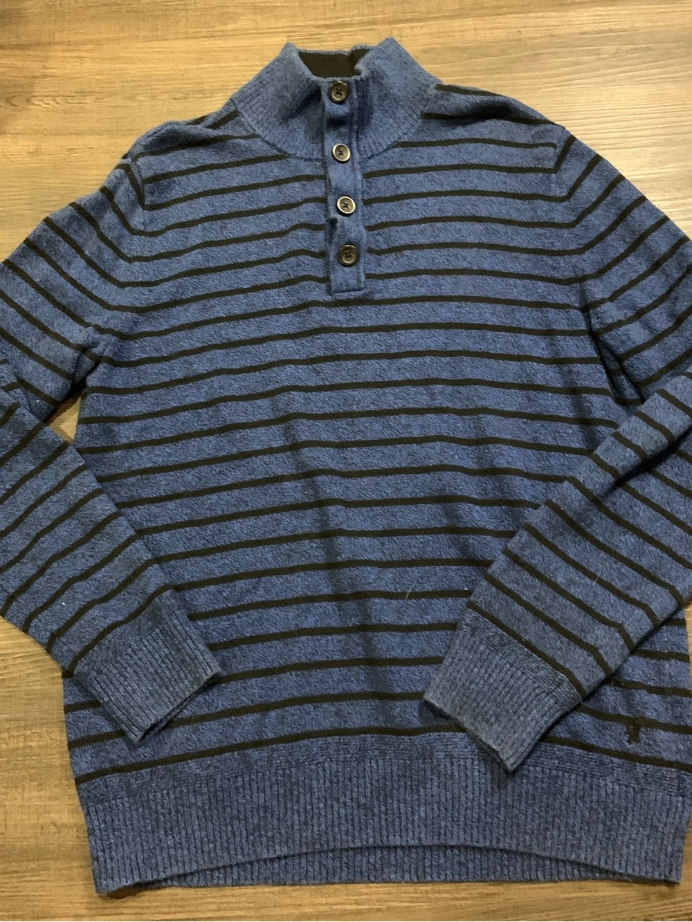 American Eagle Outfitters Blue and Black Striped Turtleneck Button Sweater